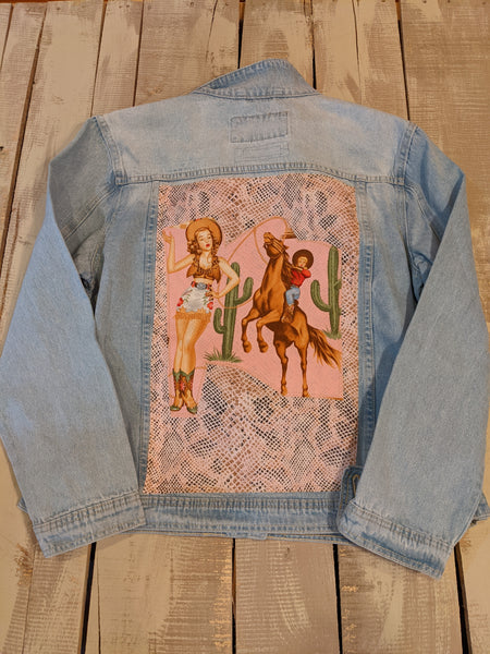 Retro Pink Cowgirl | Giddy Up Powder Puff | Vintage Jean Jacket